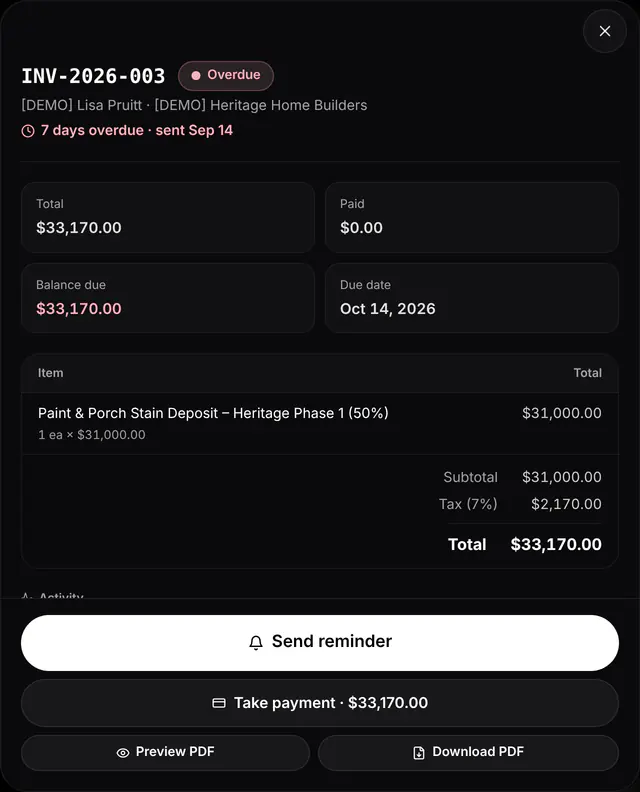 An overdue invoice with total, balance due, a Send reminder button and Take payment