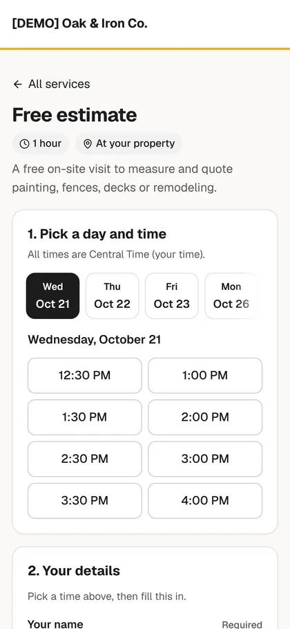 A business’s booking page on a phone, showing open times for a free estimate